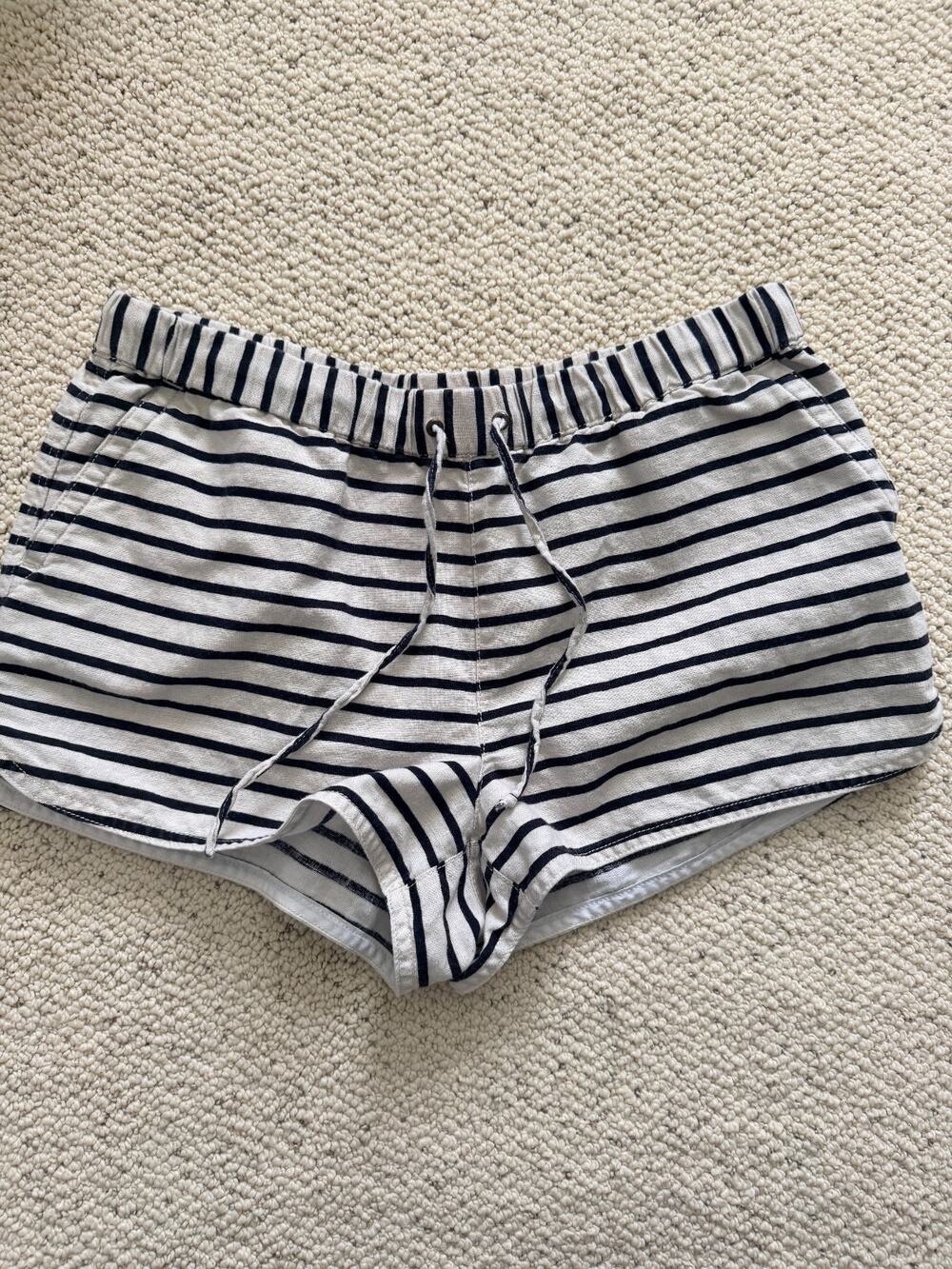 J.Crew Womens Linen Cotton Drawstring Shorts Navy White Breton Stripe Size S